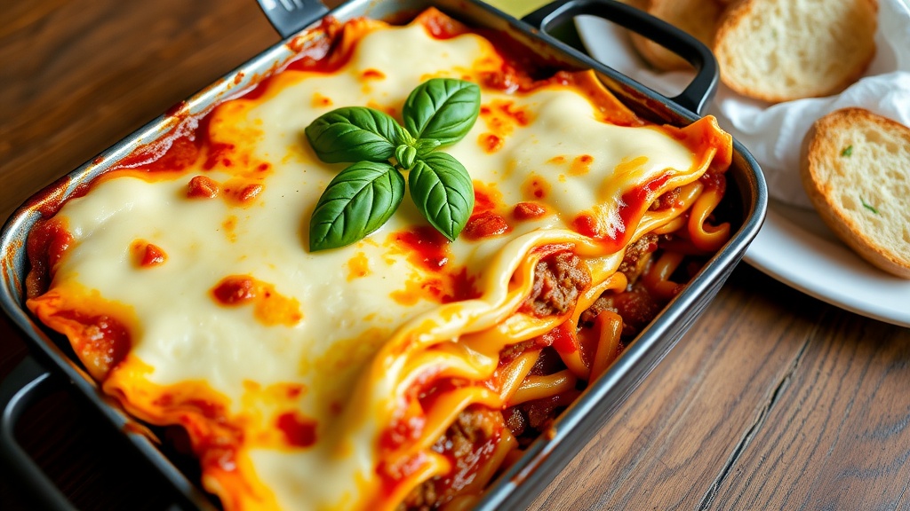 Classic Italian Lasagna Recipe A tray of classic lasagna with melted cheese, meat sauce, and basil on a wooden table with garlic bread.
